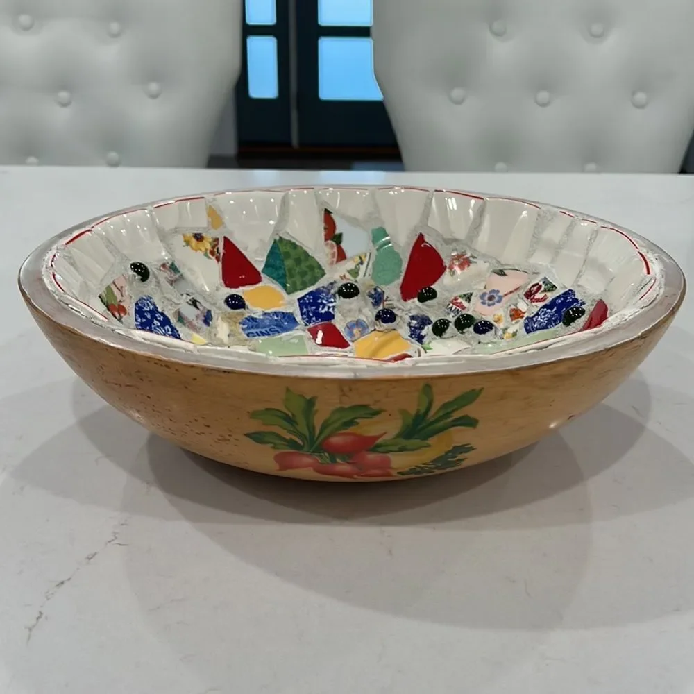 Rare**Vintage Thurnauer Wood bowl with ceramic pieces